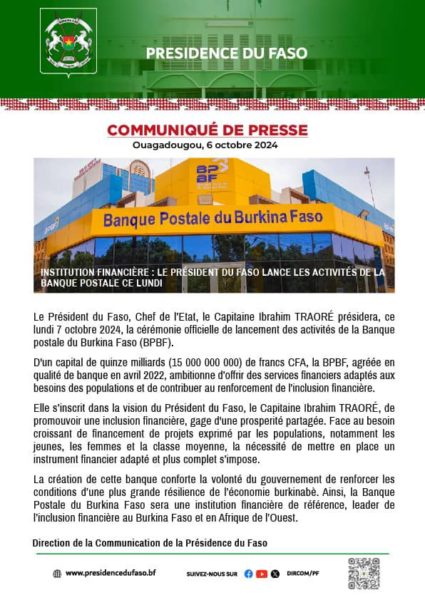 Lancement des Activités de la Banque Postale du Burkina Faso par le Président Traoré