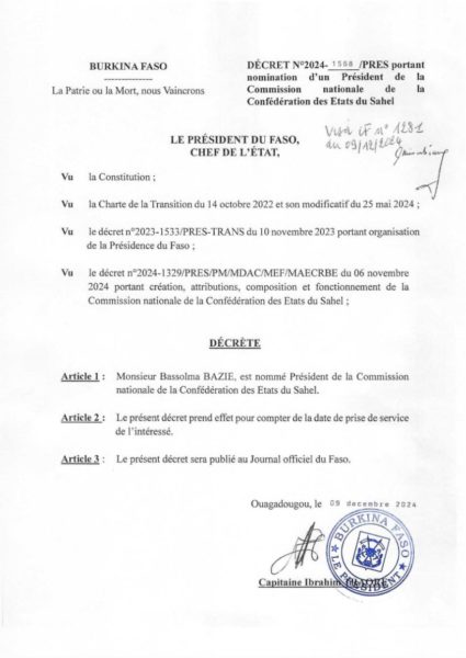 **Bassolma Bazié nommé président de la Commission nationale de la Confédération des États du Sahel**