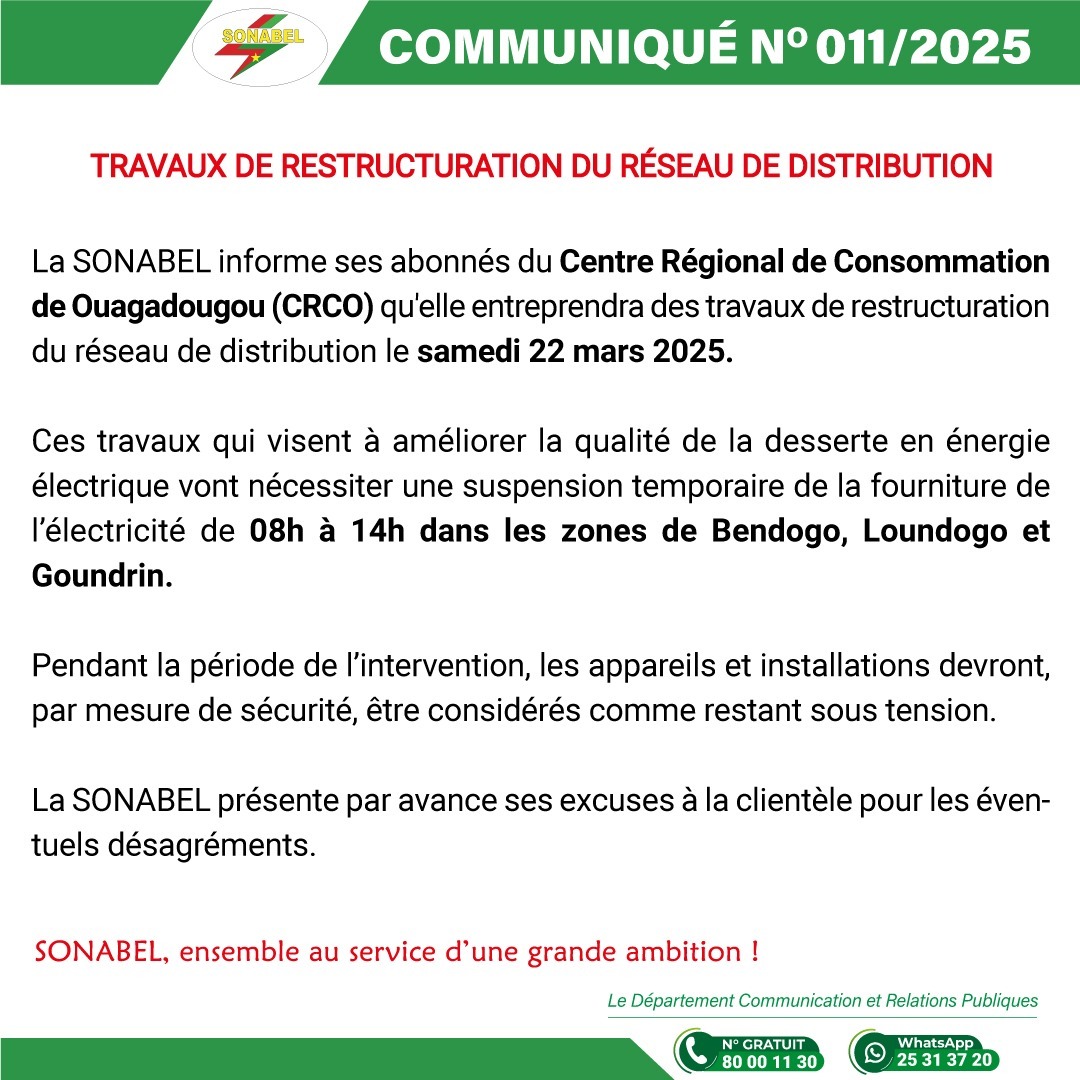 Coupure d’électricité : la SONABEL annonce une suspension temporaire