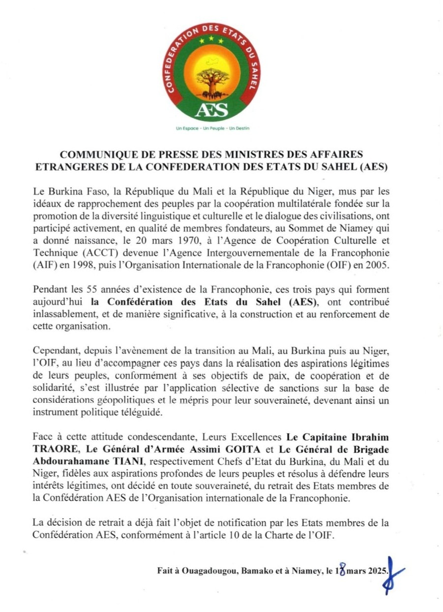 Retrait de l’AES de la Francophonie : une décision souveraine