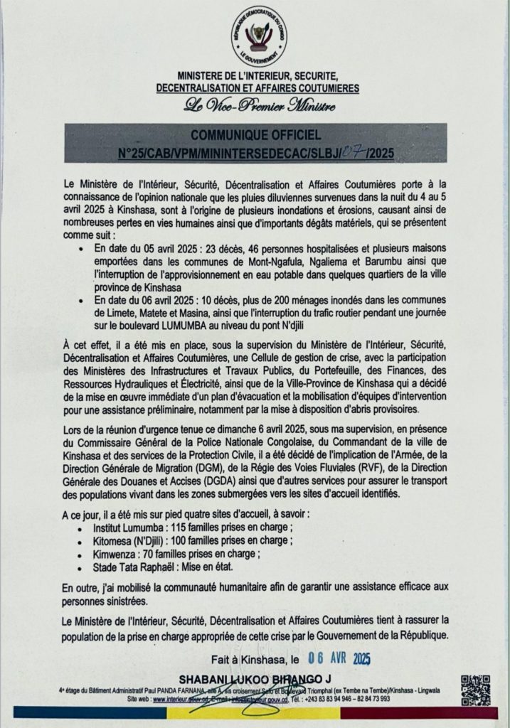 Communiqué du ministère de l'Intérieur, sécurité, décentralisation et affaires coutumières d
