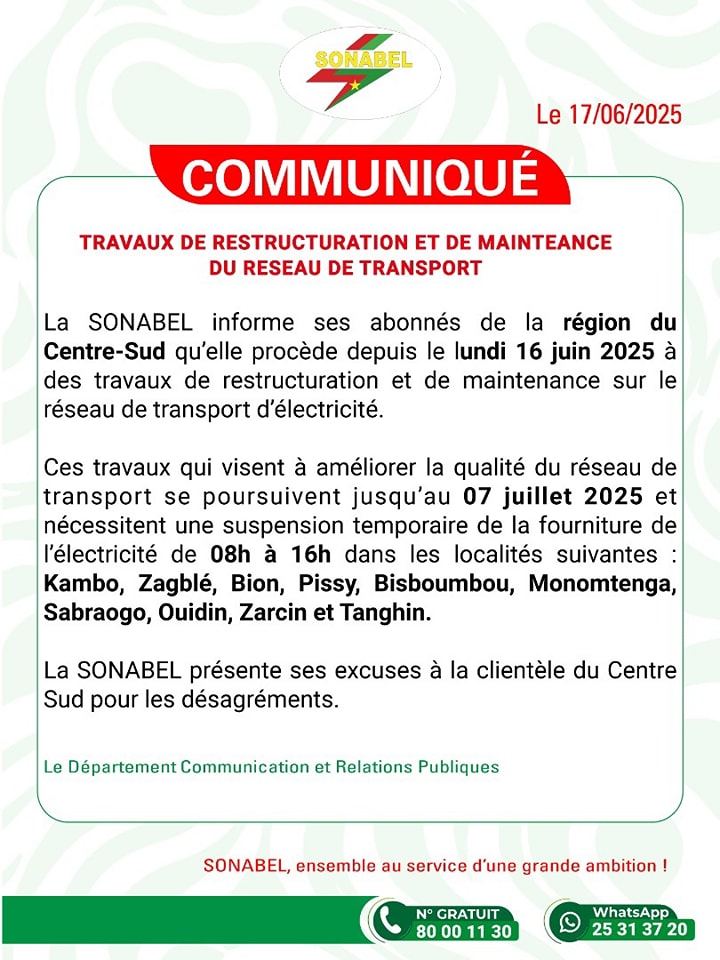 Centre-Sud : Coupures d’électricité prévues du 16 juin au 7 juillet 2025