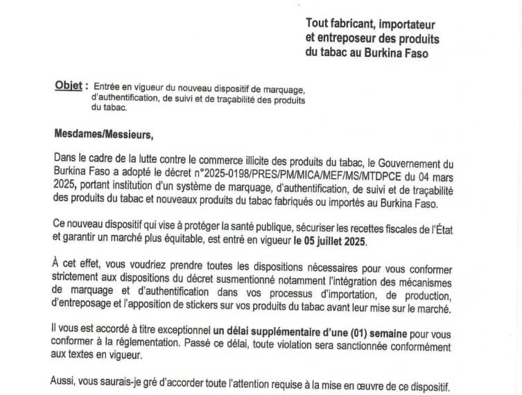 Marquage des produits du tabac : un nouveau dispositif entre en vigueur au Burkina Faso