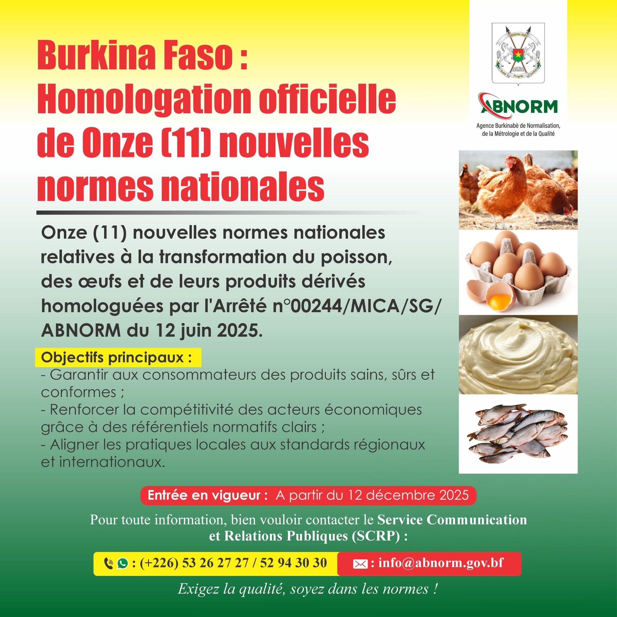 Normes de transformation alimentaire : le Burkina Faso adopte 11 nouveaux textes pour poisson et œufs