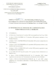 Suspension Conseil National de la Jeunesse du Burkina Faso : décision renouvelée pour trois mois