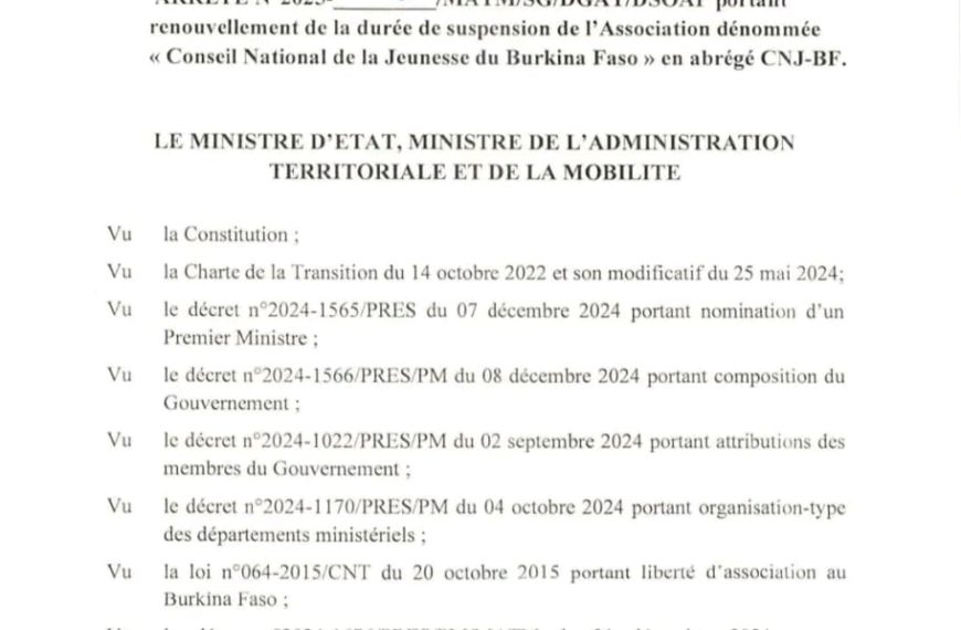 Suspension Conseil National de la Jeunesse du Burkina Faso : décision renouvelée pour trois mois