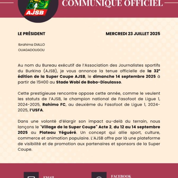 32e Super Coupe de l’AJSB : Rahimo FC affronte l’USFA le 14 septembre 2025 à Bobo-Dioulasso