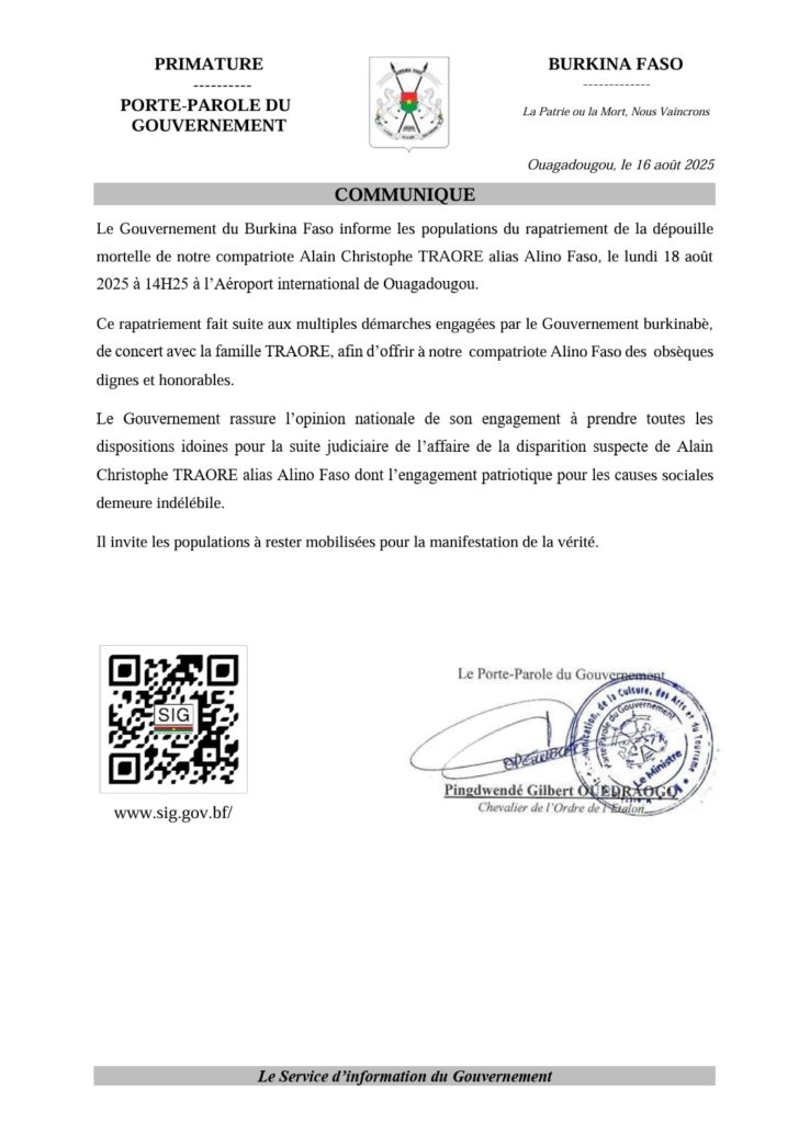Communiqué du rapatriement du corps de Alino Faso