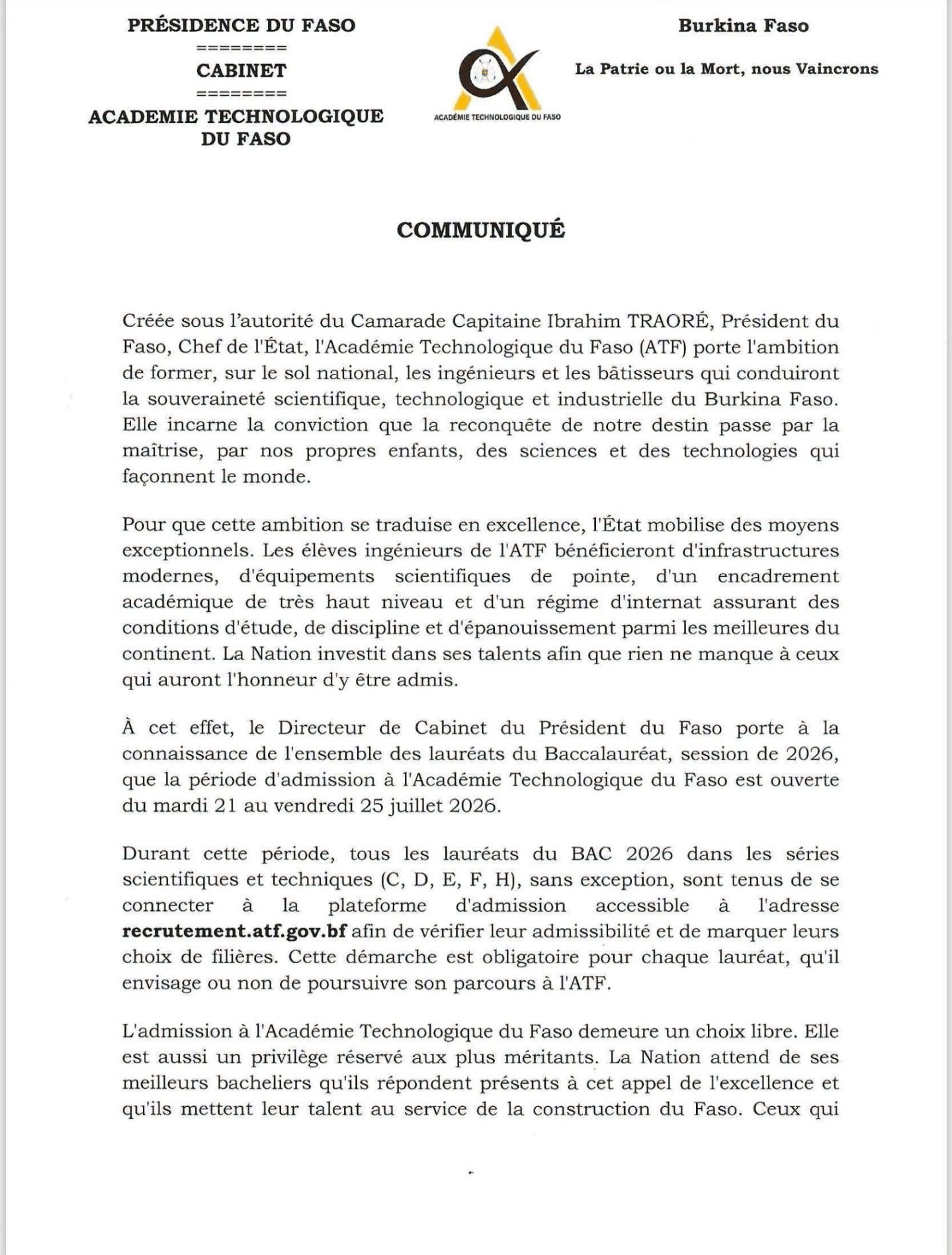  Académie Technologique du Faso : l'appel du BAC